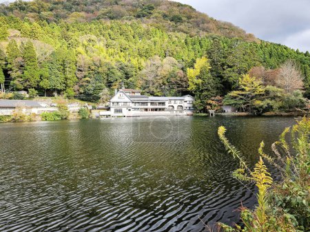 Téléchargez les photos : YUFUIN, JAPON - 12 NOVEMBRE 2023 : Lac Kinrin à l'automne. C'est un monument célèbre de Yufuin dans le district d'Oita, au Japon. - en image libre de droit