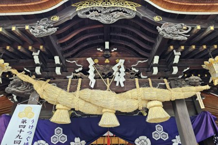 Photo for FUKUOKA, JAPAN - NOVEMBER 13, 2023: Shimenawa Enclosing Rope in front of Kushida Jinja shrine is a Shinto shrine located in Hakata-ku, Fukuoka, Japan, was founded in in 757. - Royalty Free Image