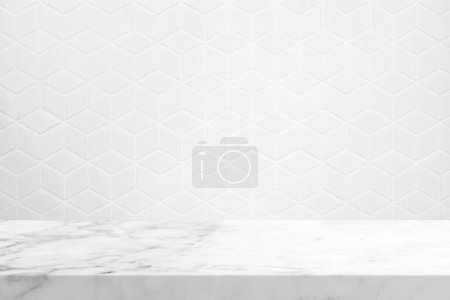 Photo for Abstract Luxury White Marble Table with Kitchen Wall Tiles Texture Background. - Royalty Free Image