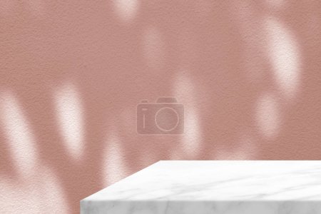 Photo for Minimal white marble table corner with tree shadow and pink light beam on concrete wall background, suitable for product presentation backdrop, display, and mock up. - Royalty Free Image