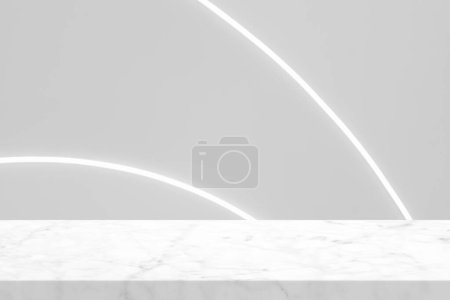 Foto de Mesa de mármol con fondo de textura de pared blanca con tiras de led, adecuada para el fondo de presentación de productos, pantalla y simulacro. - Imagen libre de derechos