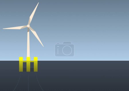 Ilustración de Fomentar el molino de viento en el mar con fondo azul cielo, adecuado para imágenes climáticas sostenibles. - Imagen libre de derechos