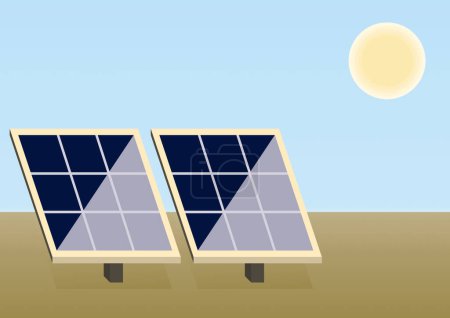 Téléchargez les illustrations : Cellules solaires avec ciel bleu et soleil, adaptées aux visuels climatiques durables. - en licence libre de droit