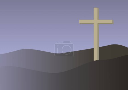 Ilustración de Cruz de madera de Cristo en la montaña con fondo de fuga de luz, adecuado para el concepto de religión. - Imagen libre de derechos
