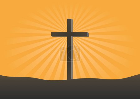 Illustration for Abstract Christ Cross on the Mountain with Sunburst Background, Suitable for Religion Concept. - Royalty Free Image