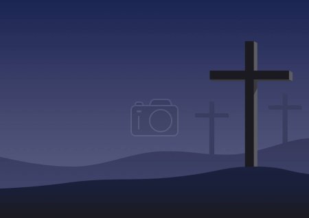 Ilustración de Resumen Cristo Cruz en la Montaña con Fondo Nocturno, Adecuado para Concepto de Religión. - Imagen libre de derechos