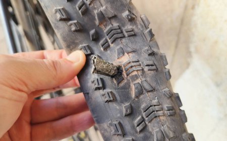 Photo for Mountain Bike Tire Puncture Due to Piece of Sharp Metal on Road - Royalty Free Image