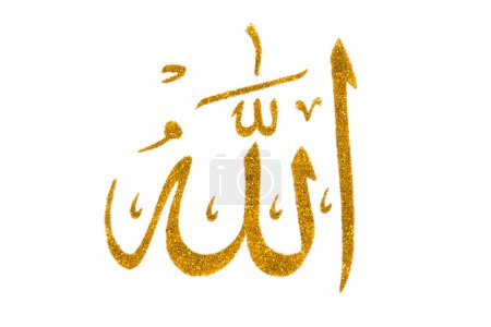 Foto de Allah bismillah nombres escritos por purpurina. Caligrafía dorada y brillante del dios islam. Aislado en blanco, vista superior - Imagen libre de derechos