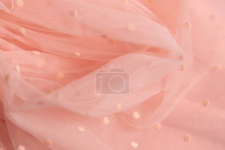 Tulle fabric texture background, textile pattern, polka dot on tulle, copy space.