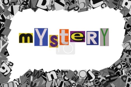 Photo for Word mystery from cut newspaper letters into a speech bubble from magazine letters - Royalty Free Image