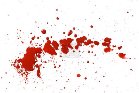 Téléchargez les photos : Gouttes de sang, éclaboussures ou flaques isolées sur du blanc - en image libre de droit