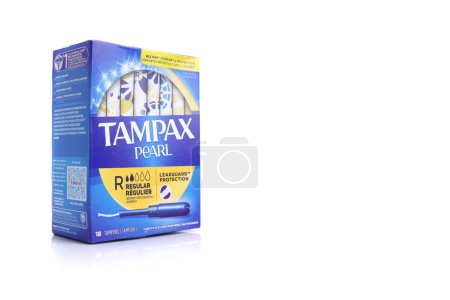 Photo for Magdalinovka, Ukraine - June 2, 2023. Tampax pearl tampons personal care products hygiene products in box isolated on white - Royalty Free Image