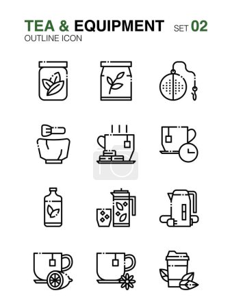 Set of Tea maker and equipment. Outline icon set02