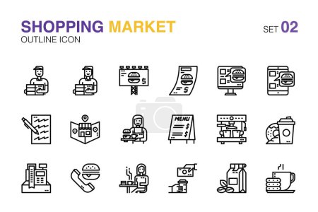 Conjunto de iconos del mercado de compras.Almacenar, tienda, cafetería, entrega y mercado en línea. Conjunto de iconos del bosquejo02