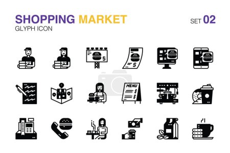 Conjunto de iconos del mercado de compras.Almacenar, tienda, cafetería, entrega y mercado en línea. Conjunto de iconos de glifo02