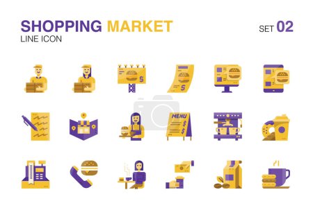 Set von Einkaufsmarkt-Symbolen. Laden, Geschäft, Café, Lieferung und Online-Markt. Flache Ikone