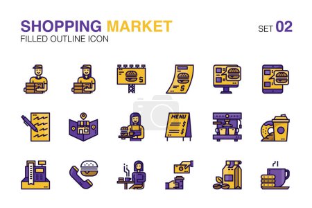 Conjunto de iconos del mercado de compras.Almacenar, tienda, cafetería, entrega y mercado en línea. Conjunto de iconos de esquema llenado02