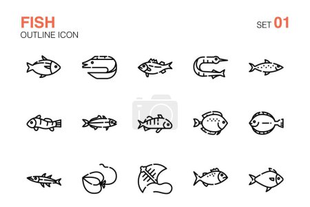 Conjunto de iconos de pescado. Conjunto de iconos de esquema llenado01
