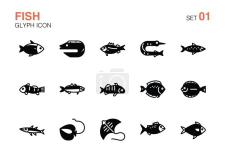 Téléchargez les illustrations : Ensemble d'icônes de poisson. Icône de glyphe set01 - en licence libre de droit