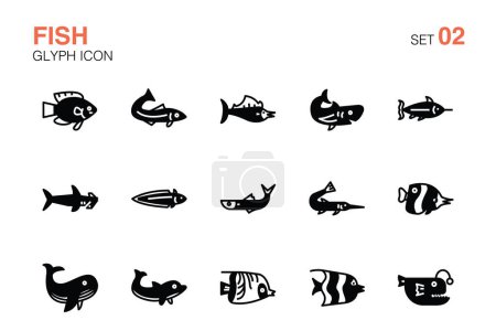 Ilustración de Conjunto de iconos de pescado. Conjunto de iconos de glifo02 - Imagen libre de derechos
