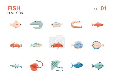 Téléchargez les illustrations : Ensemble d'icônes de poisson. Icône plate set01 - en licence libre de droit