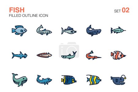 Ilustración de Conjunto de iconos de pescado. Conjunto de iconos de esquema llenado02 - Imagen libre de derechos