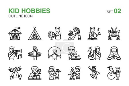 Playful Kid Hobbies and Activities Outline Icons Set 02