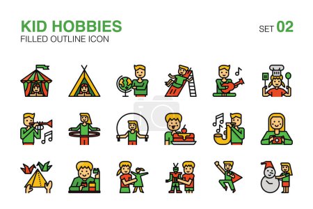 Playful Kid Hobbies and Activities Filled outline Icons Set 02