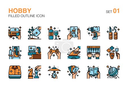 Vielfältige Hobbys und Freizeitaktivitäten Ausgefüllte Umrisse Icons Set 01