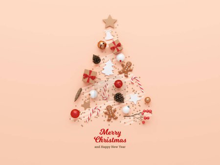 Merry Christmas banner with various ornaments forming a Christmas tree on a cream background. Xmas and happy new year flyer design in 3D rendering
