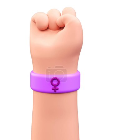 Vereinzelt erhobene Faust einer kaukasischen Frau mit weiblichem Symbol auf Armband zum internationalen Frauentag und feministischem Aktivismus in 3D-Illustration. 8. März und Aktivismus für Frauenrechte