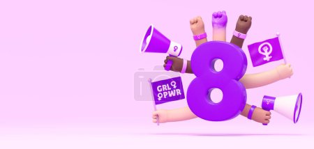 Banner zum Frauentag mit der Nummer 8 und aktivistische Frauenhände in 3D-Illustration mit Kopierraum. 8. März für Feminismus, Unabhängigkeit, Empowerment und Aktivismus für Frauenrechte