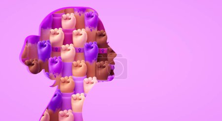 Frauentagsbanner mit Frauensilhouette und multiethnischen Fäusten drinnen in 3D-Illustration und Kopierraum. Girl Face Poster für Feminismus, Unabhängigkeit, Freiheit, Empowerment, Aktivismus für Frauenrechte