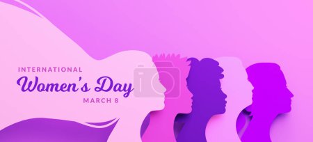 Téléchargez les photos : Women's Day poster with silhouettes of different women's faces in paper cut and copy space, 3D illustration. Females for feminism, independence, sisterhood, empowerment, activism for women rights - en image libre de droit
