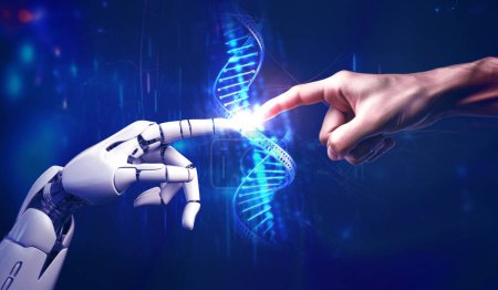 Photo for Robot and human hands are touching a DNA chain, unity between human and machines, AI, Artificial intelligence, machine learning and futuristic technology background - Royalty Free Image