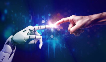 Foto de AI, inteligencia artificial, robot y manos humanas están tocando y conectando, unidad con el concepto humano y ai, aprendizaje automático y antecedentes tecnológicos futuristas - Imagen libre de derechos