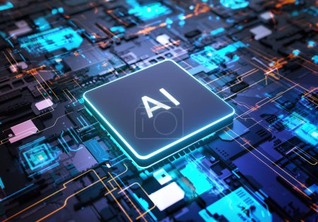 Téléchargez les photos : AI, processeur de chipset d'intelligence artificielle sur carte de circuit imprimé travaillant sur l'analyse de données, l'apprentissage automatique et le concept technologique futuriste - en image libre de droit