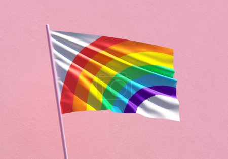 Pride rainbow flag waving on a pink wall background for LGBTQIA+ Pride month, sexuality freedom, love diversity celebration and the fight for human rights in 3D illustration