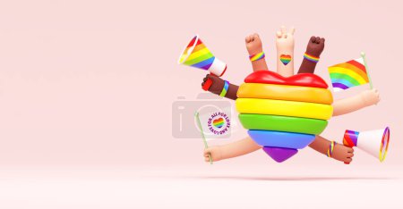 Pride festive banner background with a rainbow heart, hands and copy space for LGBTQIA+ Pride month, sexuality freedom, love diversity celebration and the fight for human rights in 3D illustration