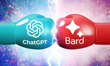 Photo for Valencia, Spain - May, 2023: OpenAI ChatGPT VS Google Bard, two powerful artificial intelligence technologies and chatbots. Rivalry and competition, logos on a boxing gloves colliding - Royalty Free Image