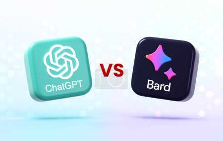 Photo for Valencia, Spain - May, 2023: OpenAI ChatGPT VS Google Bard, two powerful artificial intelligence technologies and chatbots. Rivalry and competition, logos face to face - Royalty Free Image