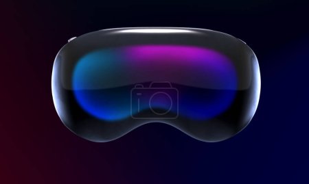 Photo for Valencia, Spain - June, 2023: Apple Vision Pro mixed reality device floating on a dark background, front view in 3D. The era of spatial computing that blends digital content with your physical space - Royalty Free Image