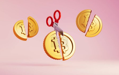 Foto de Dibujos animados Bitcoin monedas cortadas por la mitad por tijeras sobre un fondo de color, concepto de Mitad, un evento que se produce cada cuatro años y divide las recompensas de los mineros por la mitad - Imagen libre de derechos