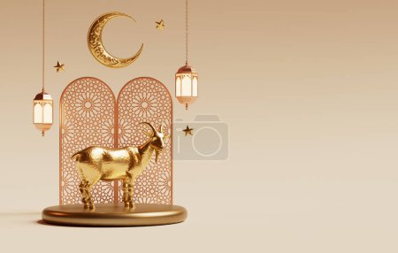 Eid Al Adha Mubarak greeting banner design. Islamic theme background with golden goat, moon, ornamental elements and copy space in 3D illustration for muslim festival celebration-stock-photo