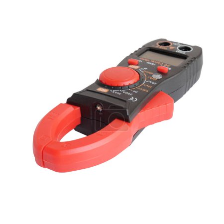 Red Digital clamp meter on white background.