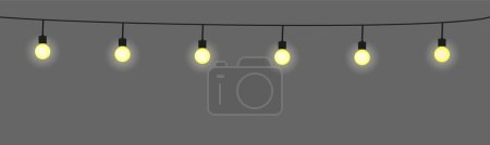Illustration for Light bulb garland, isolated vector decoration. String of golden Christmas lights. Illuminated holiday border, glowing lamps frame. For wedding or birthday cards, New Year banners, party posters. - Royalty Free Image