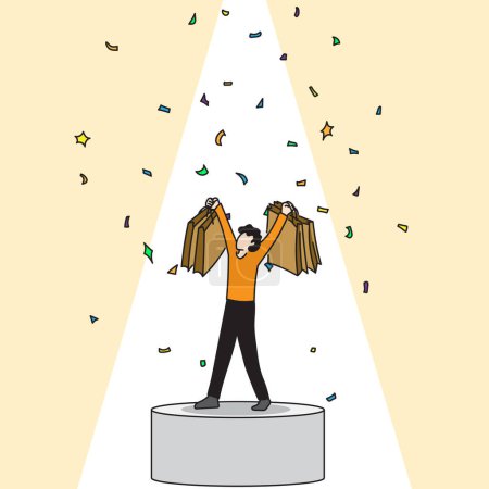 man rais his hands with shopping bags feeling happy. vector illustration about retail sale shop promotion business.
