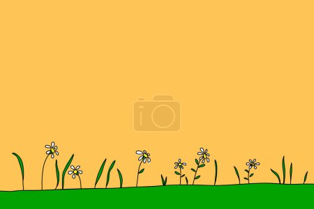 Téléchargez les illustrations : Minuscule fleur blanche dans le jardin fond orange et l'espace de copie. dessin animé doodle paysage nature vue. - en licence libre de droit
