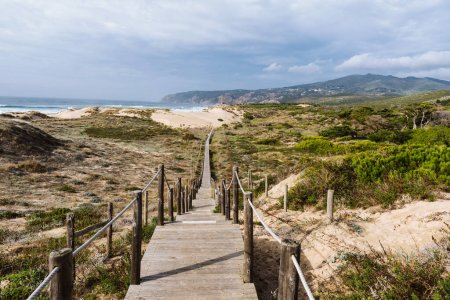 Empty, wooden boardwalk on a beach Praia do Guincho in Sintra. View of grass and sand with hills and Atlantic Ocean in the background