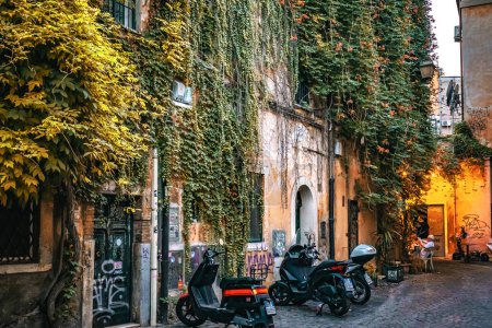 Téléchargez les photos : Rome, Italie - 14 août 2023 : vieil immeuble avec lierre sur un mur et graffiti - en image libre de droit